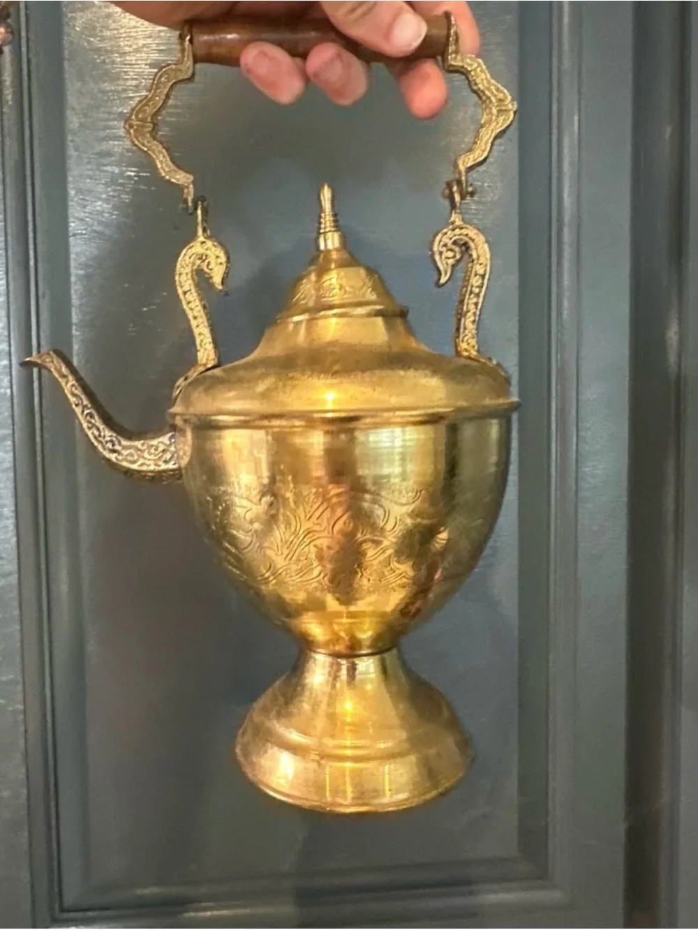 Vintage Ornate Engraved Brass Teapot Samovar Kettle with Wood Handle